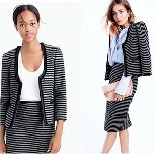J. Crew Tweed Skirt Suit Metallic Black Silver Stripe Zip Blazer Jacket Skirt